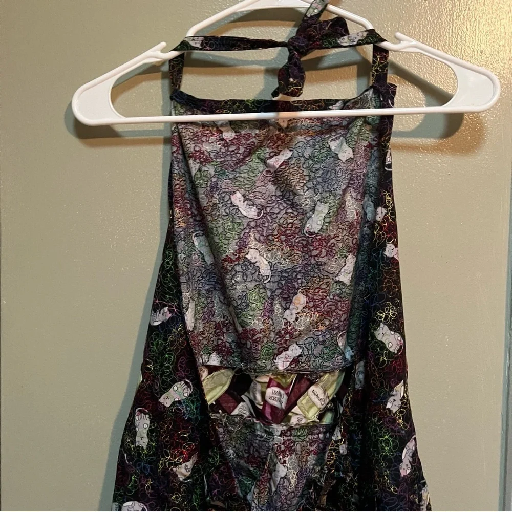 Handmade Apron Black Neon Cat Print Wine Bottle Details Pocket Tie Back